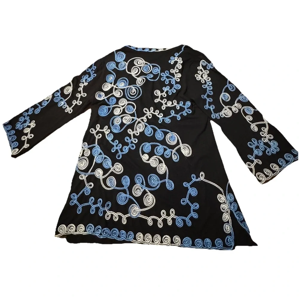 Lauren Michelle Woman Black Silver Tunic Top Blouse Applique Ribbon Sz L